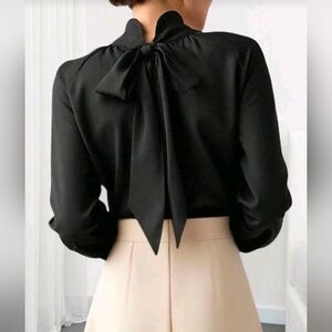 New Satin Tie Back Bow Neck Blouse Top Flowy Bishop Long Sleeve Black
